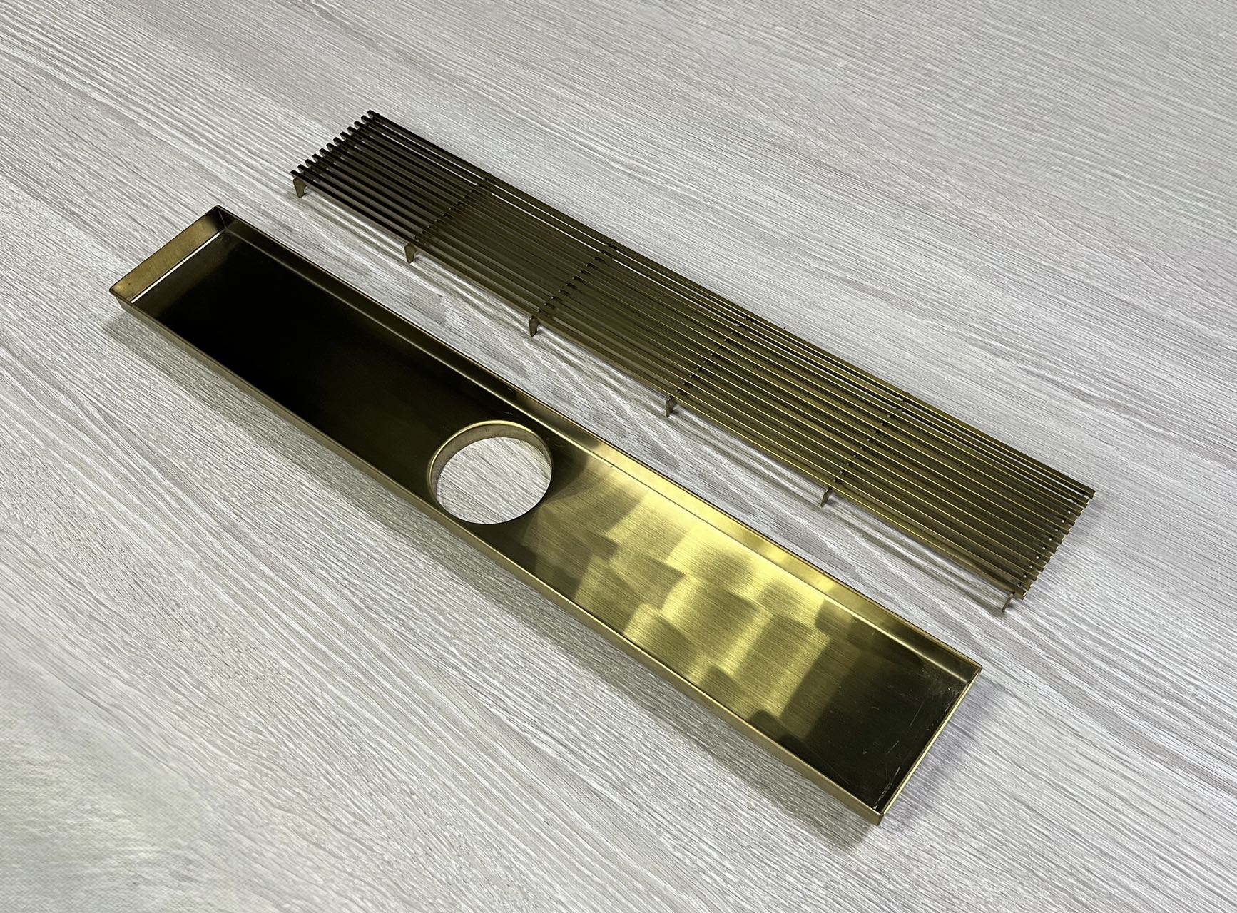 Long Linear Grill Floor Waste Brushed Gold