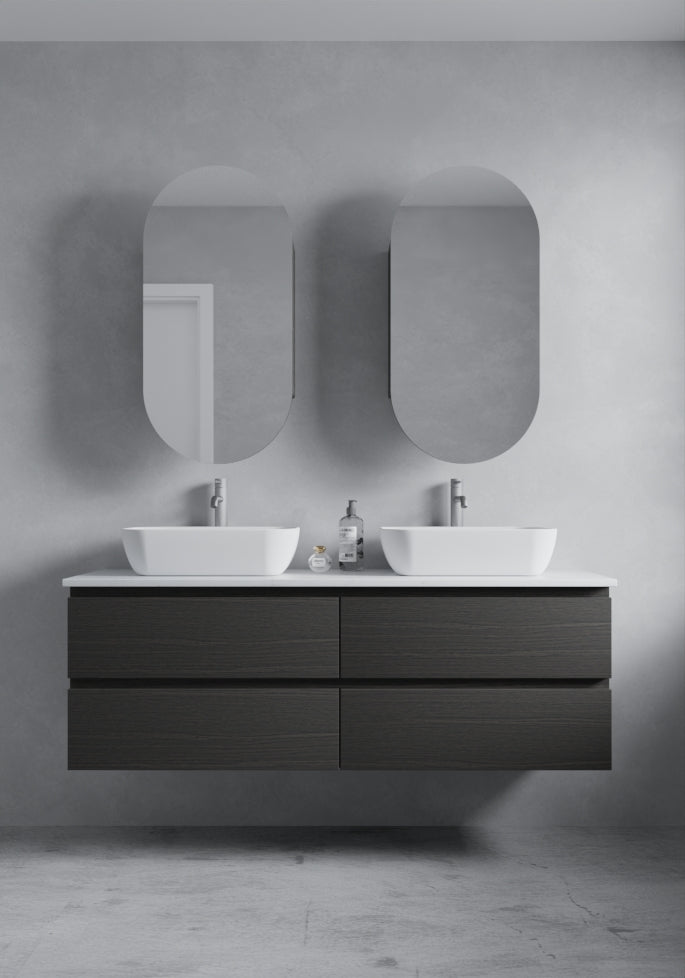 Nova Drawer Vanity with white wall and dual mirrors